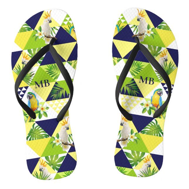 Monogram Trendy Tropical Cockatoo Parrot Floral Flip Flops (Footbed)
