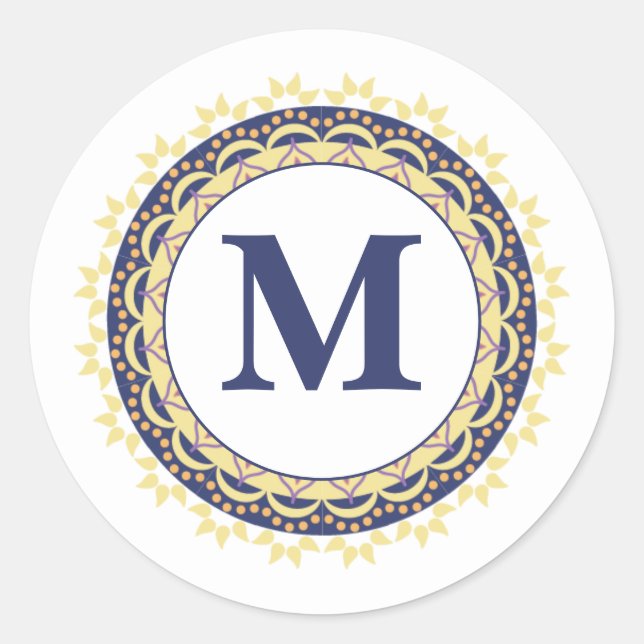 Monogram Trendy Typography Chic blue Classic Round Sticker (Front)