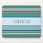 Monogram Tribal Teal Blue Stripes Pattern Mousepad<br><div class="desc">Fun and bold tribal pattern with contrast colours: teal. blue,  green,  light blue,  light grey,  gold (not real gold but colour). Light blue ribbon with dark blue custom name on it. Trendy sketchy font. Cheerful,  cozy,  unique. Modern and hipster.</div>