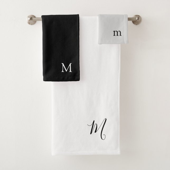 Monogram Trio | Modern Black White and Grey Bath Towel Set (Insitu)