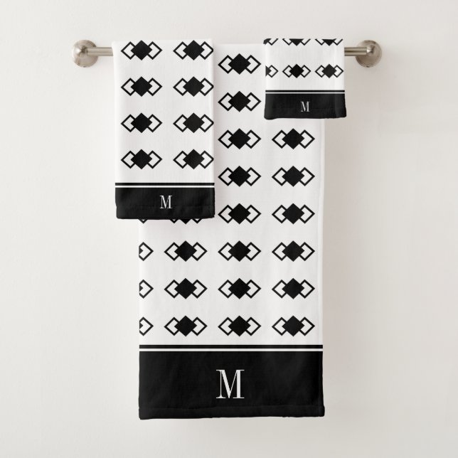 Monogram & triple diamond pattern in black & white bath towel set (Insitu)