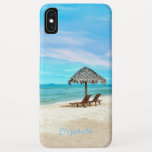 Monogram Tropical Beach Scene iPhone XS Max Case<br><div class="desc">This design is a relaxing beach scene with two thatched chairs and an umbrella overlooking a cool blue ocean. You can personalize this photography design with your name,  and the text colour can be changed in the Edit Menu. It's tranquil and exotic!</div>