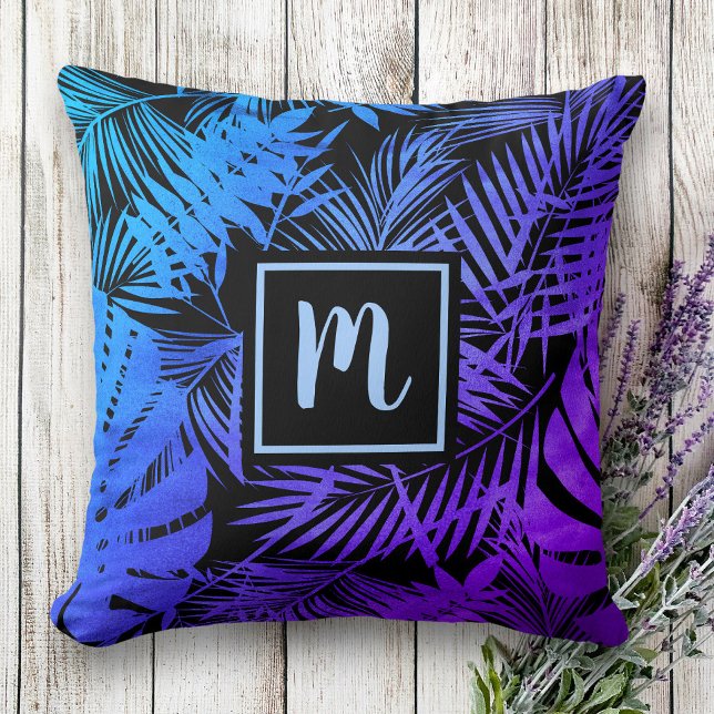 Monogram tropical blue purple ombre leaf pattern throw pillow (Creator Uploaded)