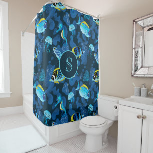 Monogram Tropical Blue Yellow Fishes Illustration