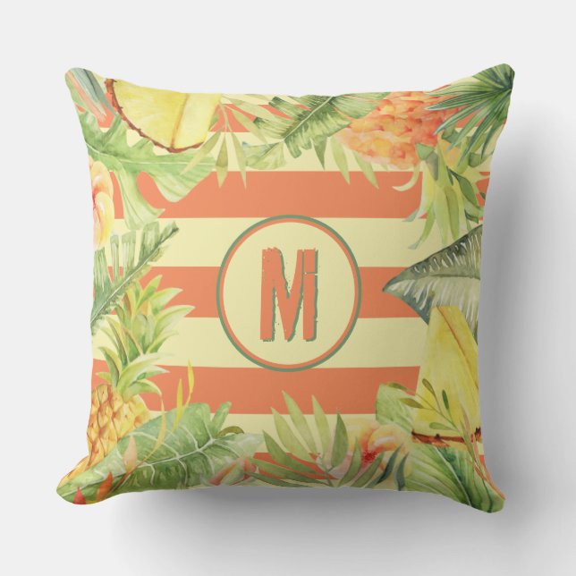 Monogram Tropical Flowers on Stripes Outdoor Pillow (Front)