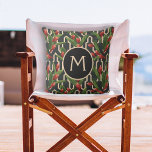 Monogram Tropical Geometric Pattern Outdoor Pillow<br><div class="desc">Your monogram on a background of green tropical leaves and red ginger plants on a black and ivory geometric pattern background,  these pillows are a beautiful accent to your summer patio. Available in 3 sizes - 16" x 16",  20" x 20" and lumbar shape. MATCHING items in our store.</div>