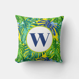 Monogram Tropical Green Yellow Monstera Leaves Throw Pillow
