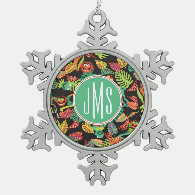 Monogram Tropical Kermit & Animal Pattern Snowflake Pewter Christmas Ornament (Front)