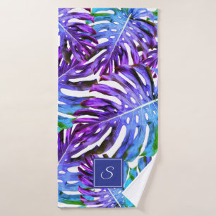 Monogram Tropical Leaf Pattern Purple Blue Modern Bath Towel Set