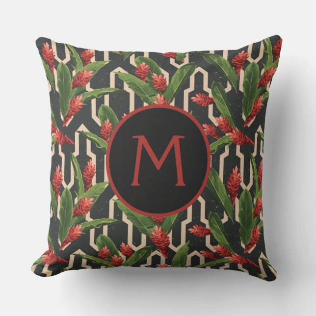 Monogram Tropical Leaves Ginger Geometric Pattern Outdoor Pillow (Front)
