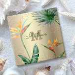 Monogram Tropical Palm Foliage Floral Script Gold  Tile<br><div class="desc">Bring a bit of elegant tropical hospitality to your home all year long whenever you use this chic, modern custom monogram ceramic tile. Stunning, sophisticated, colourful, tropical watercolor birds of paradise flowers, faux gold glitter, and personalized calligraphy script with a bold monogram initial, overlay a stylish, glam brushed gold foil...</div>