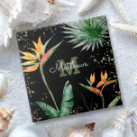 Monogram Tropical Palm Foliage Script Gold Black Tile<br><div class="desc">Bring a bit of elegant tropical hospitality to your home all year long whenever you use this chic, modern custom monogram ceramic tile. Stunning, sophisticated, colourful, tropical watercolor birds of paradise flowers, faux gold glitter, and personalized calligraphy script with a bold monogram initial, overlay a dramatic black background. Personalize with...</div>