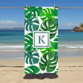 Monogram Tropical Palm Leaf Pattern Beach Towel