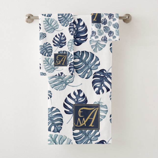 Monogram Tropical Palm Navy Blue Gold Wedding Bath Towel Set (Insitu)