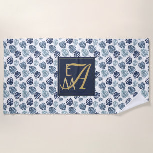 Monogram Tropical Palm Navy Blue Gold Wedding Beach Towel