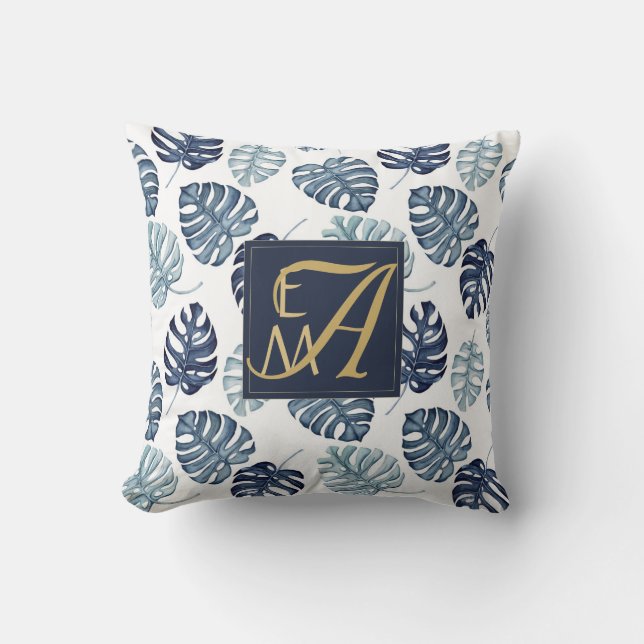 Monogram Tropical Palm Navy Blue Gold Wedding Throw Pillow (Front)