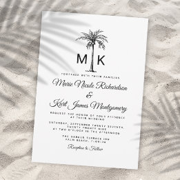 Monogram Tropical Palm Tree Formal Beach Wedding Invitation