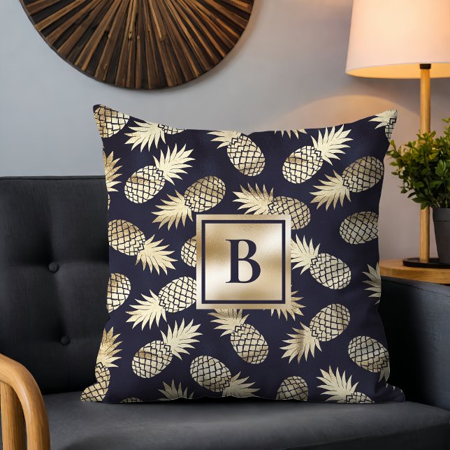 Monogram Tropical Pineapple Girly Gold Navy Throw Pillow (Creator Uploaded)