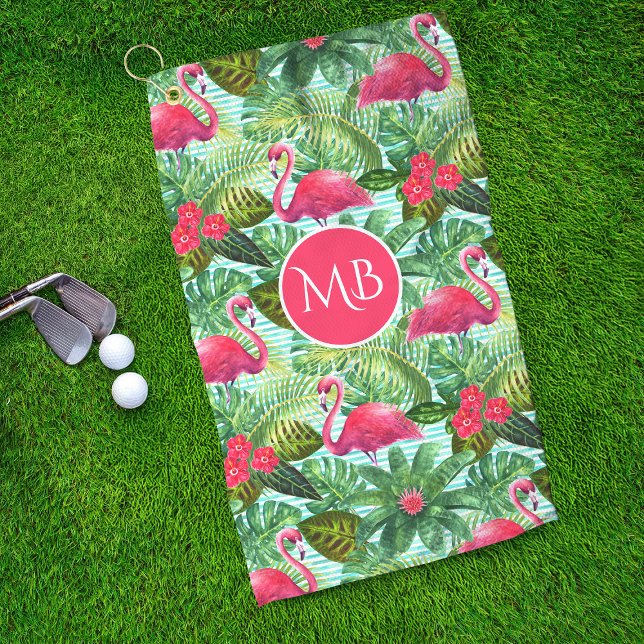 Monogram Tropical Pink Flamingo Floral Girly Golf Towel (Creator Uploaded)