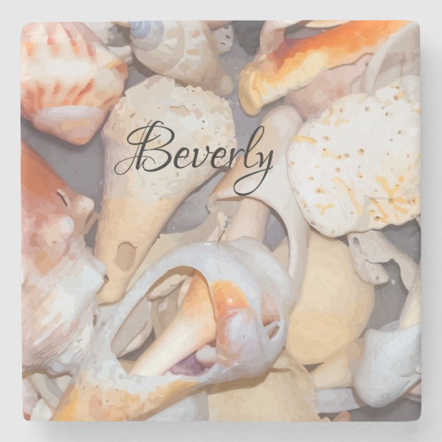 Monogram Tropical Seashell Pattern Stone Coaster (Front)