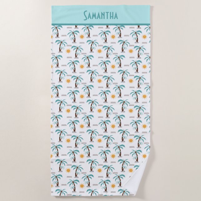 Monogram Tropical Summer Palm Trees Sunshine Teal Beach Towel (Front)