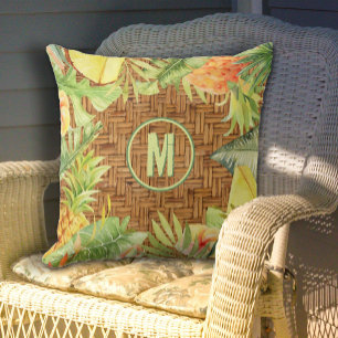 Monogram Tropical Watercolor Floral Outdoor Pillow