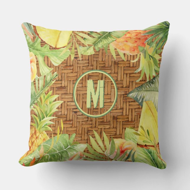 Monogram Tropical Watercolor Foral Throw Pillow (Front)