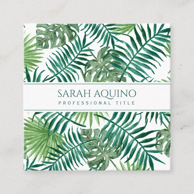 Monogram Tropical Watercolor Palm Leaves Botanical Square Business Card (Front)