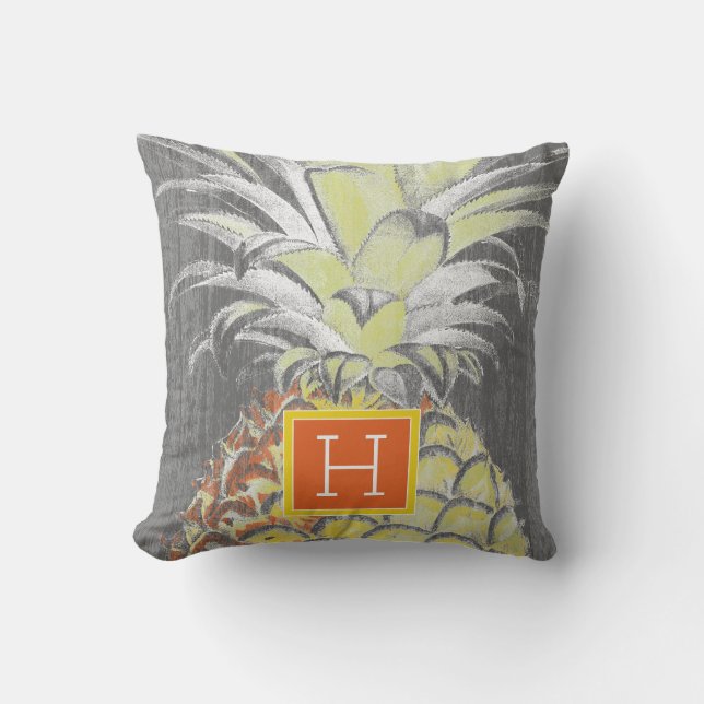 Monogram | Tropical Yellow Pinneapple on Grey Throw Pillow (Front)