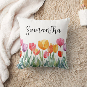 Monogram Tulips Spring Flowers Colorful & Cheerful Throw Pillow