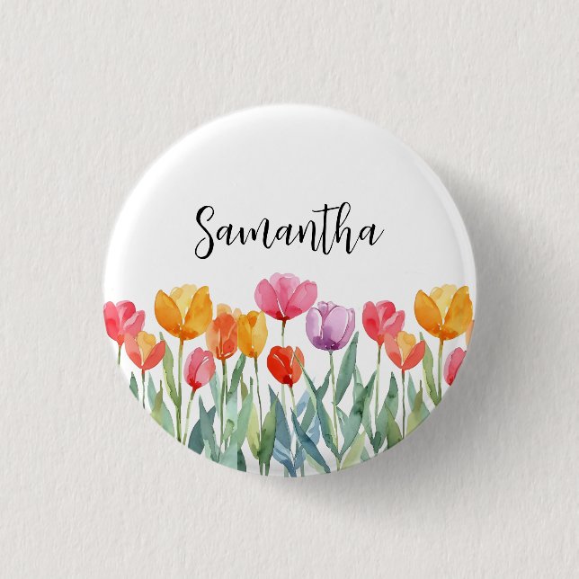 Monogram Tulips Spring Flowers Colourful & Cheerfu 1 Inch Round Button (Front)