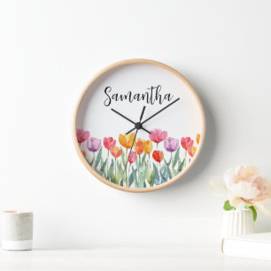 Monogram Tulips Spring Flowers Colourful & Cheerfu Clock