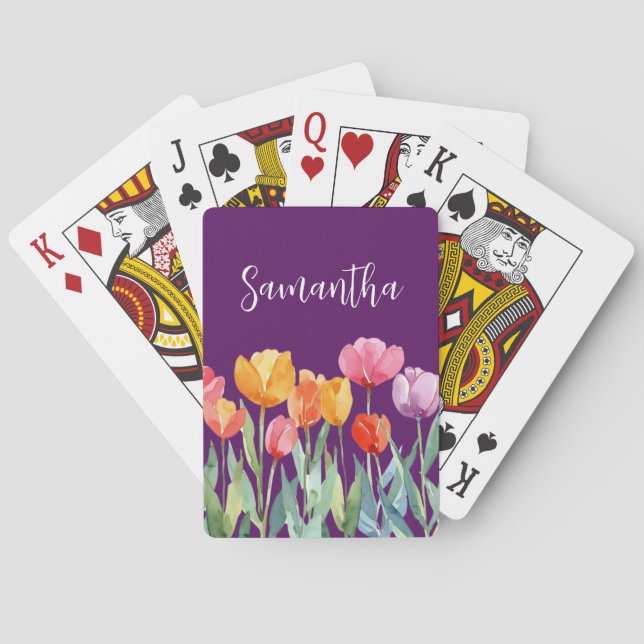 Monogram Tulips Spring Flowers Colourful & Cheerfu Playing Cards (Back)
