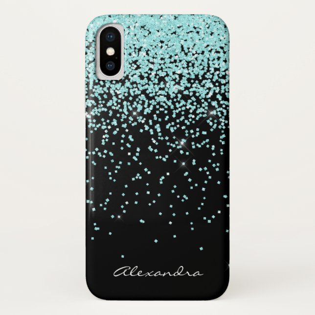 Monogram Turquoise and Black Glitter Sparkle Case-Mate iPhone Case (Back)