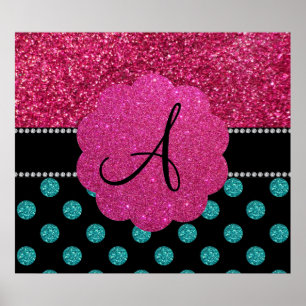 Monogram turquoise and pink polka dots poster