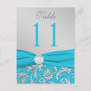 Monogram Turquoise and Silver Damask Table Number Postcard