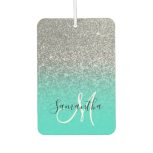 Monogram Turquoise and Silver Ombre Glitter Photo Air Freshener