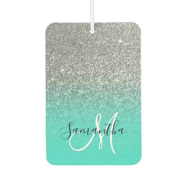 Monogram Turquoise and Silver Ombre Glitter Photo Air Freshener (Front)