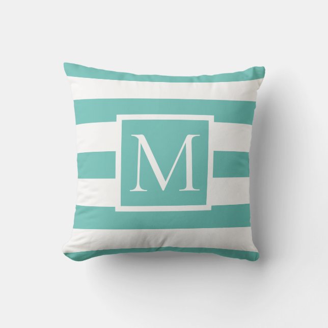Monogram Turquoise and White Striped  Throw Pillow (Front)