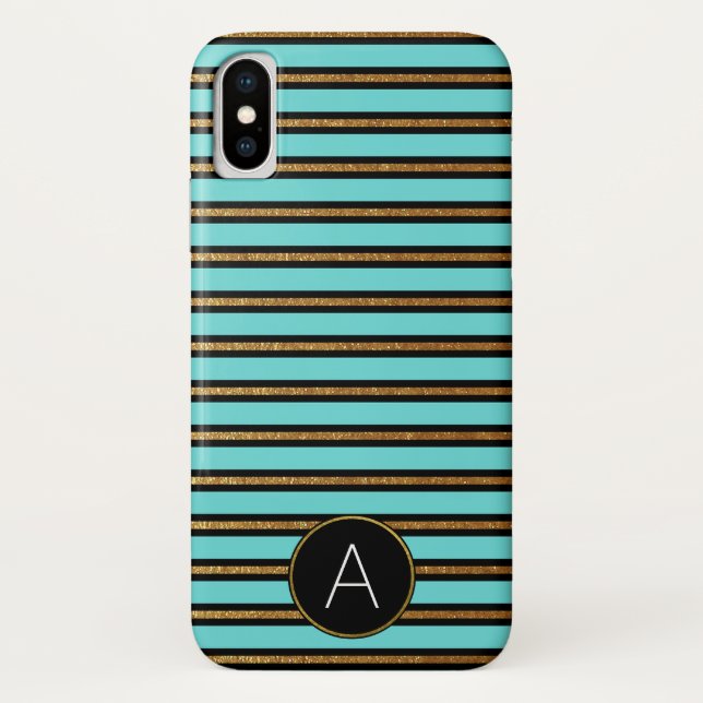 Monogram Turquoise, Black and Gold Foil Striped Case-Mate iPhone Case (Back)