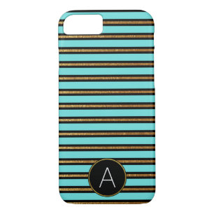 Monogram Turquoise, Black and Gold Foil Striped Case-Mate iPhone Case