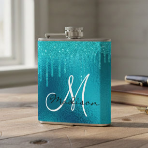 Monogram Turquoise Blue Glitter Drips Girly Hip Flask