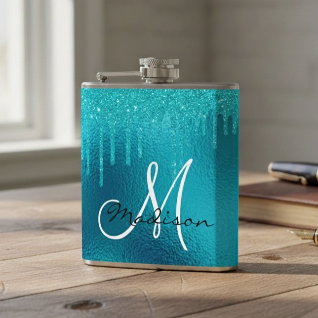 Monogram Turquoise Blue Glitter Drips Girly Hip Flask (Creator Uploaded)