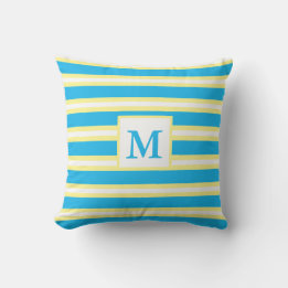 Monogram Turquoise Blue Stripes Outdoor Pillow