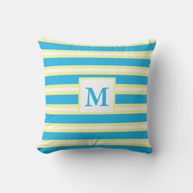 Monogram Turquoise Blue Stripes Outdoor Pillow (Front)