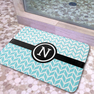 Monogram Turquoise Blue White Chevron Pattern Bold Bath Mat