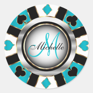 Monogram Turquoise  Casino Poker Chip Design Classic Round Sticker