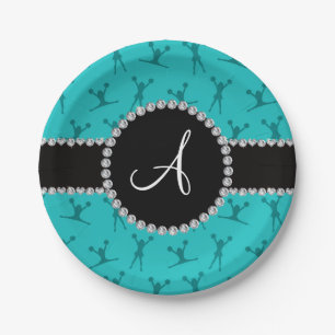 Monogram turquoise cheerleading black circle paper plate