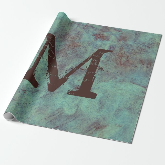Monogram Turquoise Copper Rustic Texture Grunge Wrapping Paper (Unrolled)