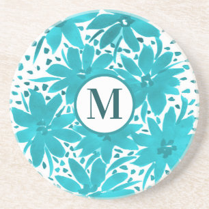 Monogram Turquoise Daisy Watercolor Bouquet Coaster
